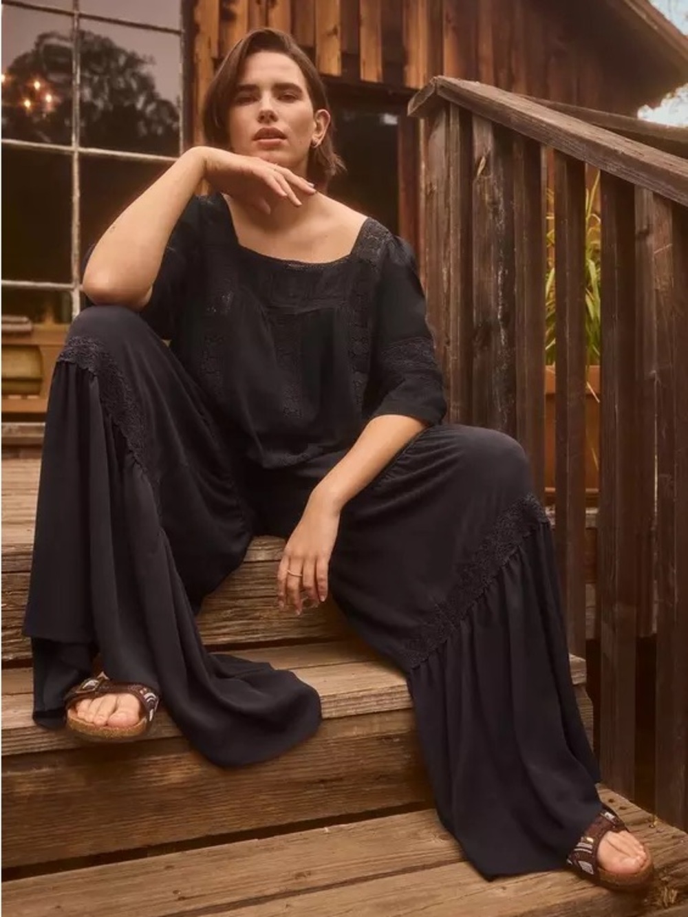 Festi Smocked Waist Tiered Wide Leg Pants Boho - Picture 4 of 10